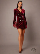 Elegant langry burgundy velvet blazer dress with silver buttons