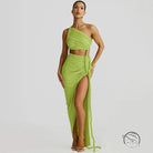 Stunning cutout lace pleated dress in green one-shoulder crop top skirt set