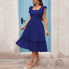 Royal blue vacation casual midi dress with ruffles