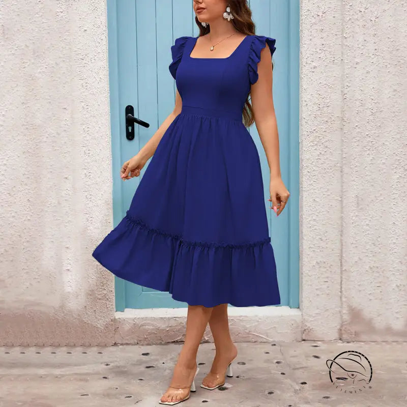 Royal blue vacation casual midi dress with ruffles