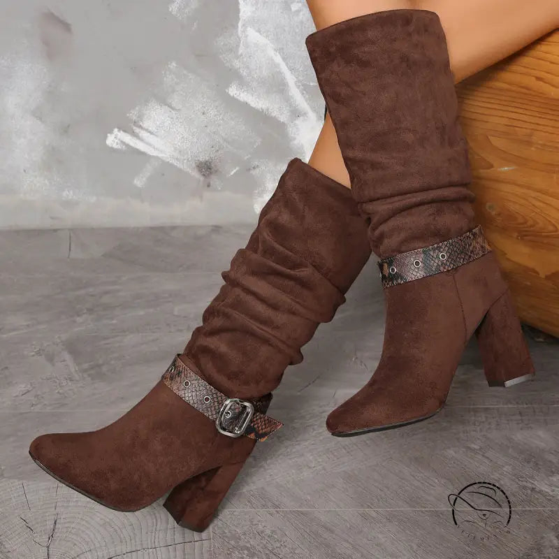 Langry fashion brown suede knee-high boots with snake-print straps