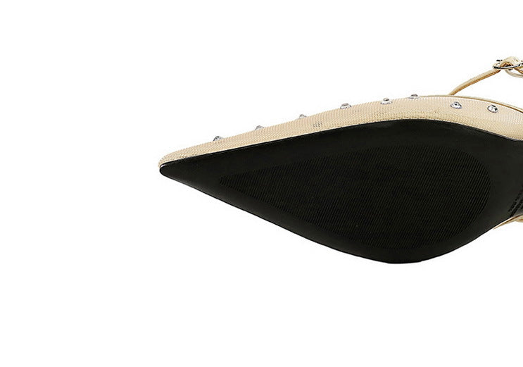 Langry fashion cream-colored studded leather ankle strap in French Mesh Lace Half Slippers