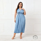 Woman in elegant cross backless lace up blue midi dress