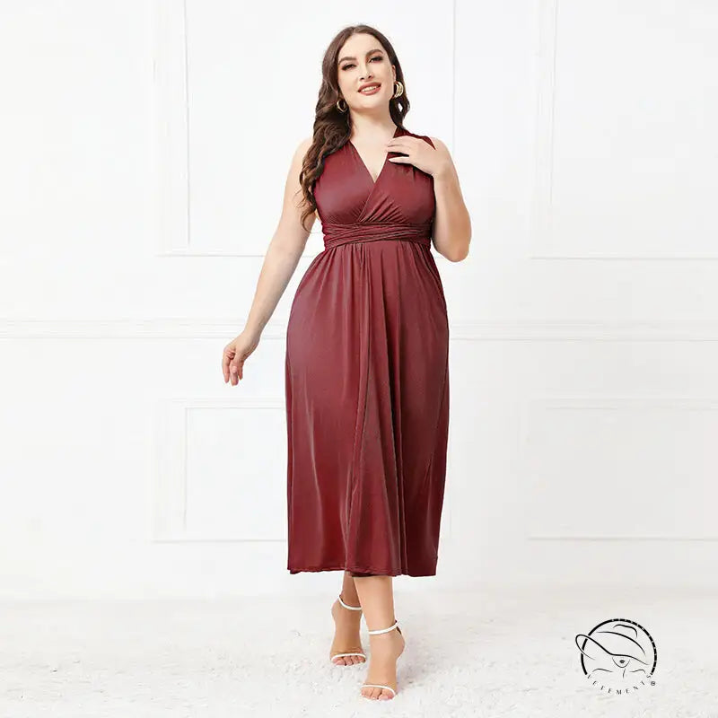 Elegant cross backless burgundy V-neck midi dress