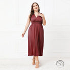 Elegant cross backless burgundy V-neck midi dress