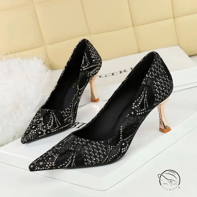 Langry fashion black glitter pointed-toe high heel with rhinestones