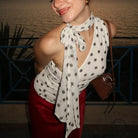 Polka dot slim fit tank top with tie neck cutout, Langry fashion