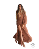 Elegant vacation dress: flowing brown maxi with lantern sleeve cotton