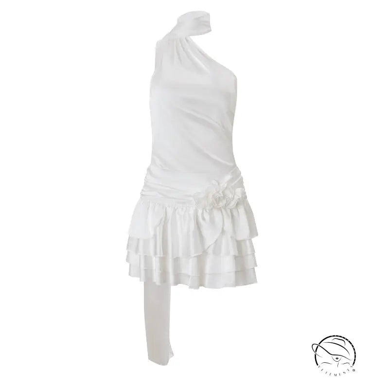 Elegant high grade off shoulder ruffled dress in white