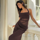 Brown halter-neck maxi dress featured in Stunning Halter Split Maxi Dress collection
