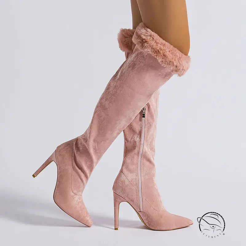Pink heel high leg boot with faux fur trim and stiletto heels
