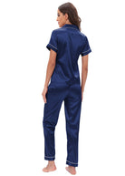 Langry navy blue satin pajama set with white piping, fashion homewear