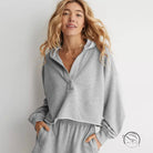 Cozy loose hooded light gray half-zip sweatshirt with gathered waist, langry fashion ملابس