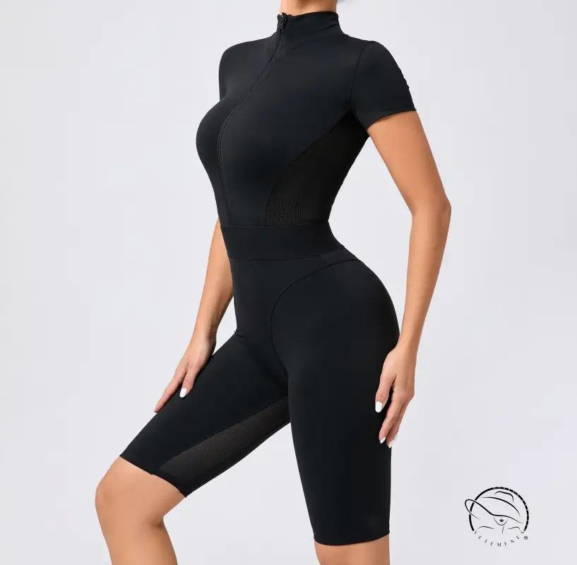 Tight Waist Open Collar Zipper Short Sleeve Yoga Jumpsuit Women Patchwork Fitness Sports