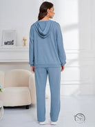 Blue ribbed knit hooded casual suit lounge set for women