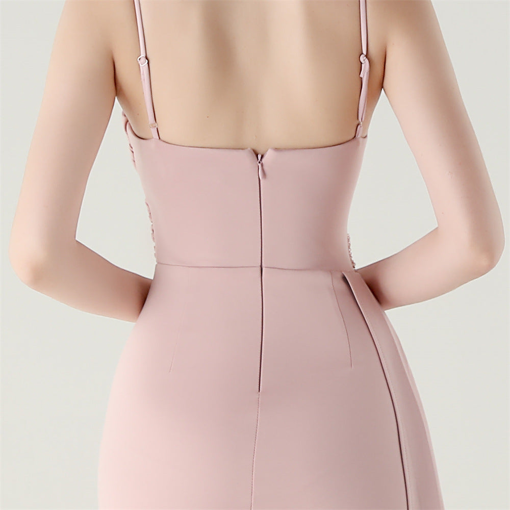 Elegant blush-pink langry satin evening dress with high slit
