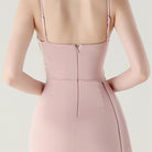 Elegant blush-pink langry satin evening dress with high slit
