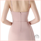 Elegant blush-pink satin langry evening dress with high slit