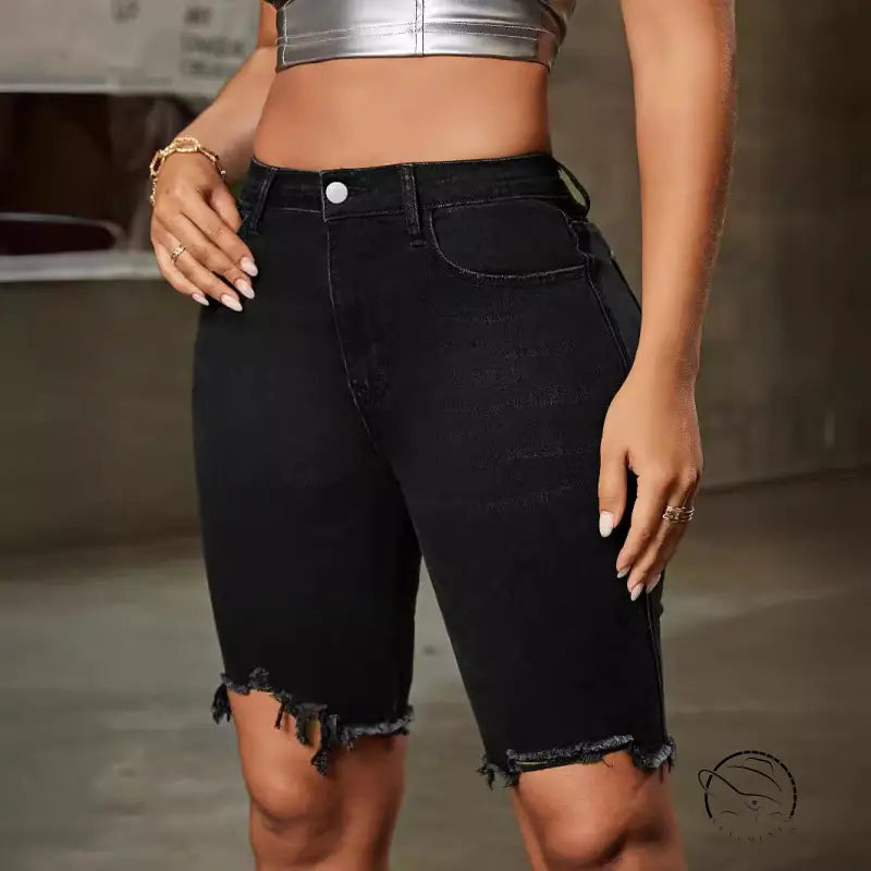 Black denim shorts high waist with raw hem, slim fit casual style