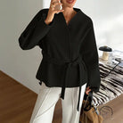 Black kimono-style blazer in langry fashion, long sleeve, tie waist