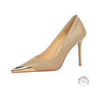 Elegant beige stiletto heel with gold toe cap in Langry fashion leather low cut metal pointed high heel