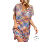 Vibrant multicolored summer rainbow stitching blouse with V-neck and short sleeves