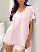 Pink v-neck t-shirt and shorts loungewear set from Comfy Daily Set for stylish fashion