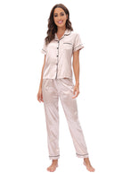 Beige satin pajama set with black piping, Langry fashion home wear