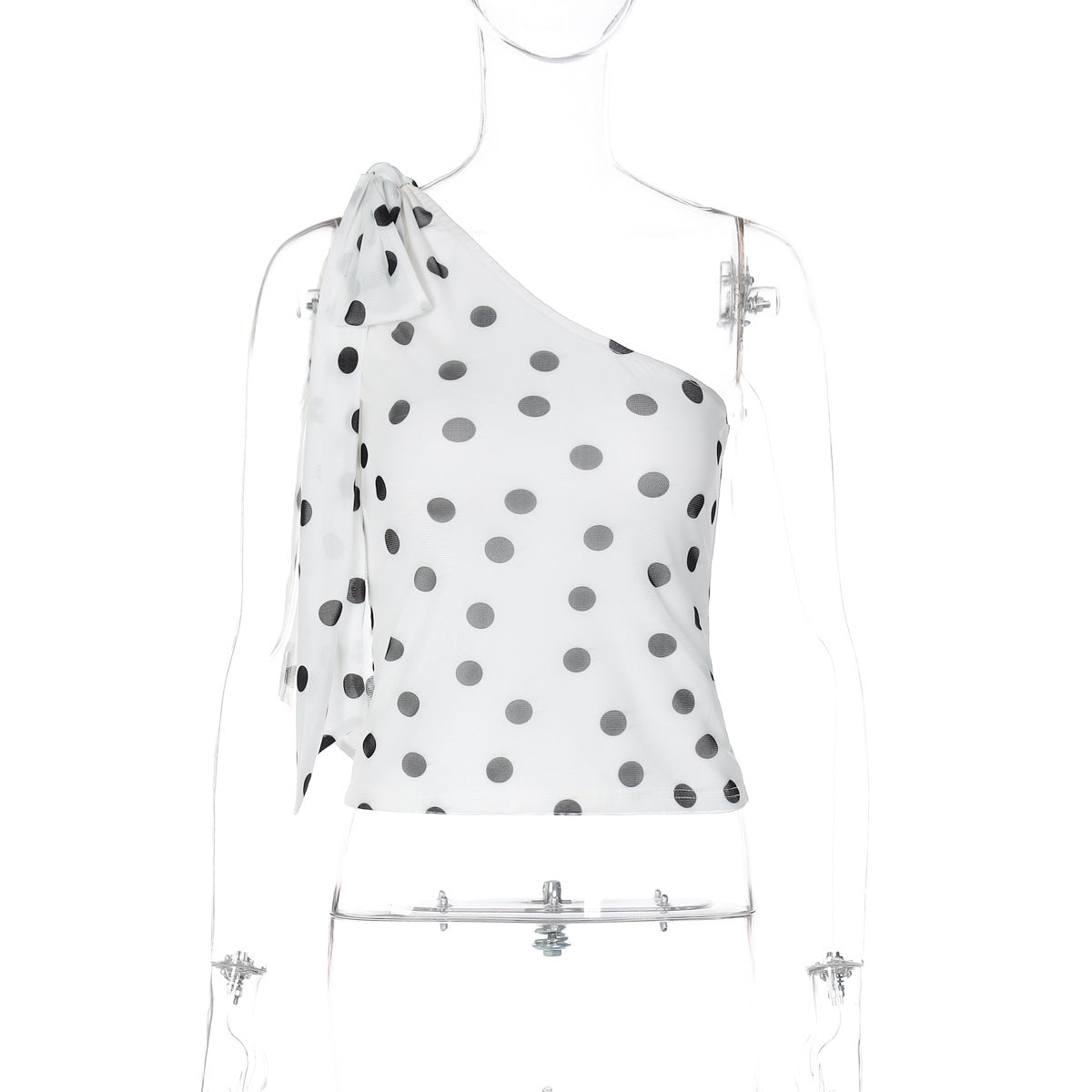 White polka dot one-shoulder Langry fashion blouse with silver embellishments