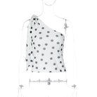 White polka dot one-shoulder Langry fashion blouse with silver embellishments