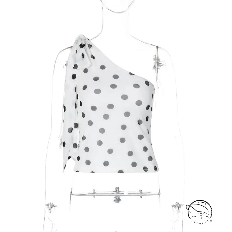 White polka dot one-shoulder Langry fashion blouse with silver embellishments