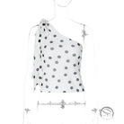 White polka dot one-shoulder Langry fashion blouse with silver embellishments