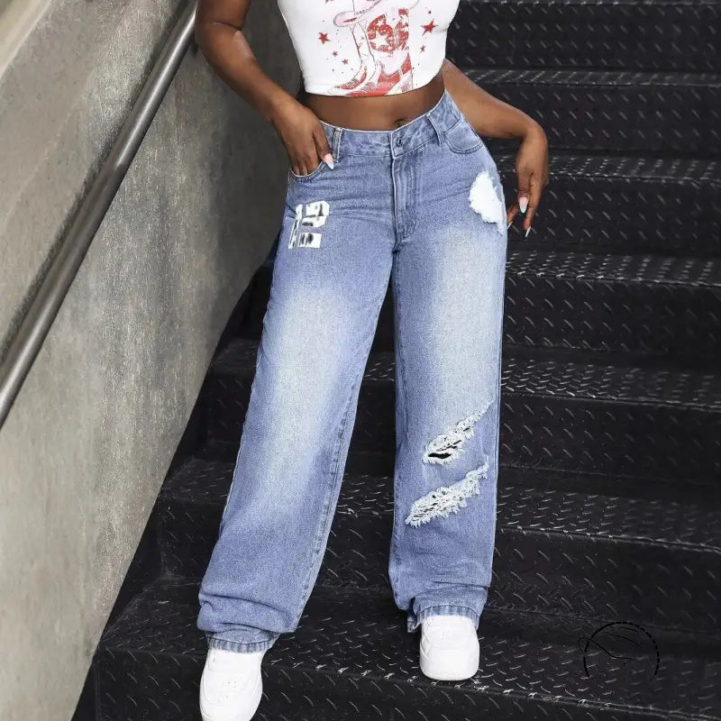 Ripped light-wash match denim long jeans