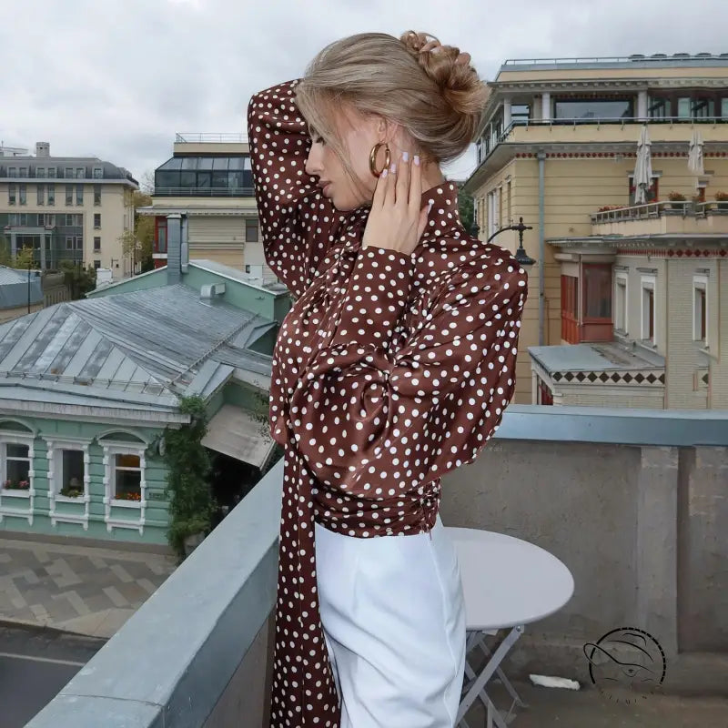 Elegance Polka Dot Shirt: long-sleeved fashion blouse with high collar