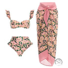 Cute bikini split swimsuit outfit in pink floral print with sarong