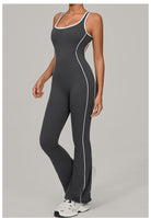 Charcoal gray and white Beauty Back Yoga Jumpsuit with piping for langry fashion