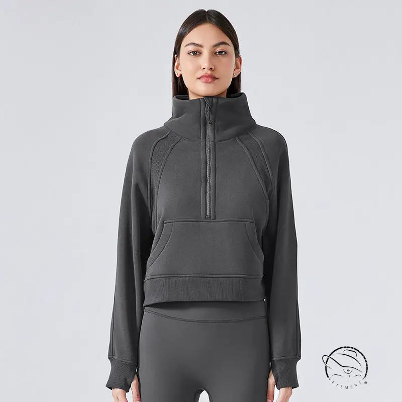 Gray half-zip sweatshirt with high stand collar for women