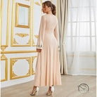 Elegant V neck high waist blush pink langry fashion gown with embroidered cuffs