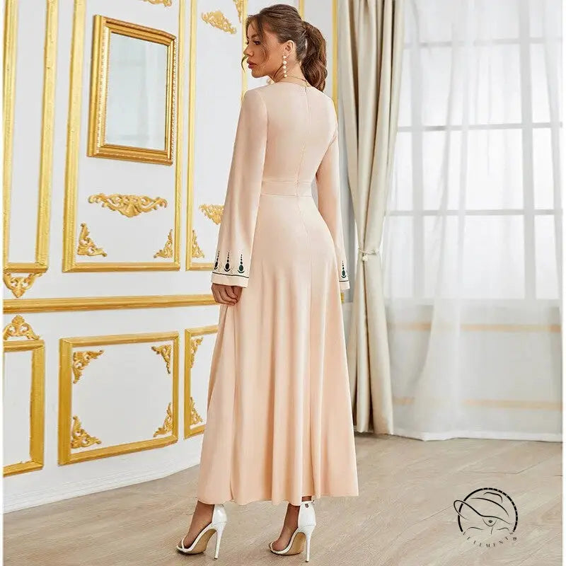 Elegant V neck high waist blush pink langry fashion gown with embroidered cuffs