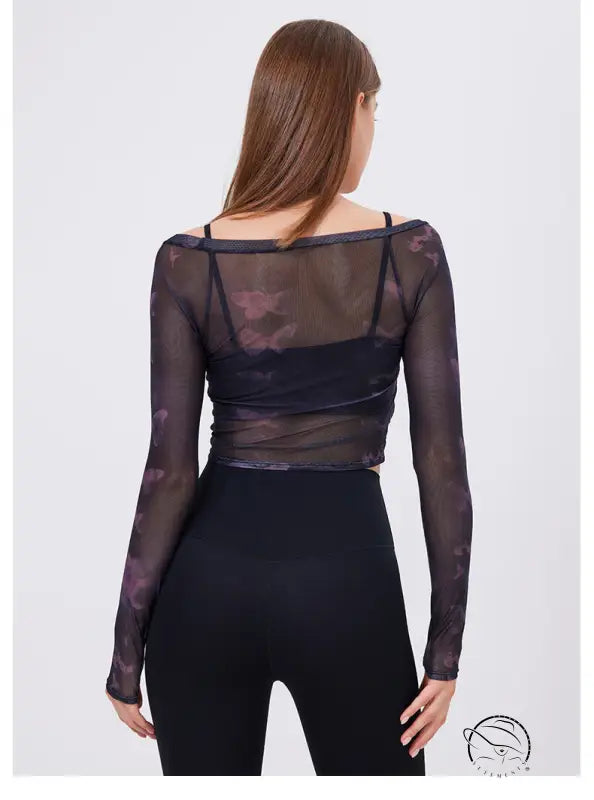 Floral Butterfly Faux Two Piece Sports t Shirt Women Long Sleeve with Chest Pad Yoga Clothes Mesh Top Quick Drying