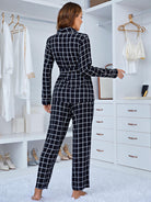 Comfy plaid long sleeve black and white checkered pajama set with belted blazer top and matching pants
