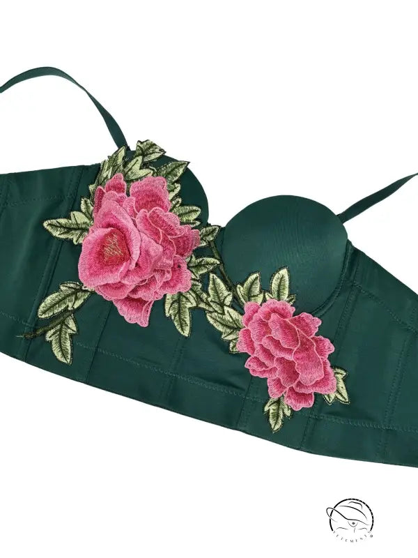 Green floral embroidered langry bra with pink flowers in fashion corset