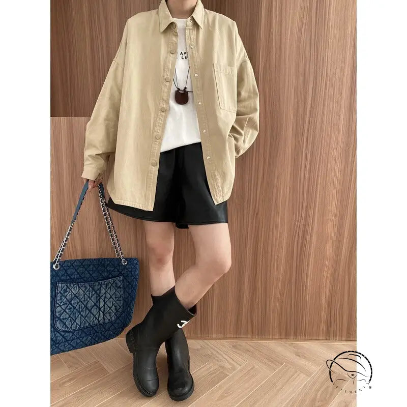Casual office cotton jacket in tan with black shorts and boots, langry fashion ملابس