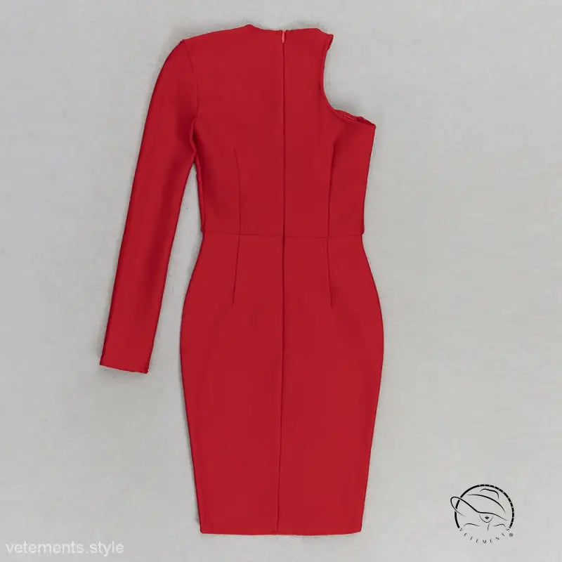 Vibrant red sexy evening slim fit dress with asymmetrical sleeve