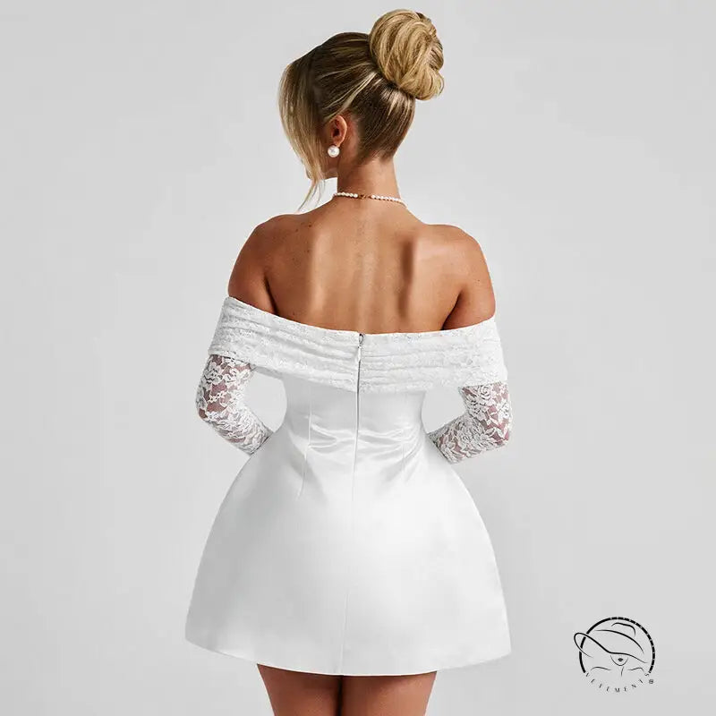 Elegant A-line dress: white off-shoulder mini with lace sleeves from behind