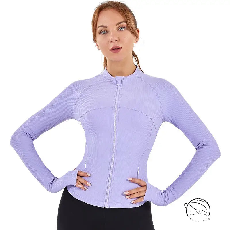 Lavender ribbed long-sleeve slim fit yoga jacket with stand-up collar