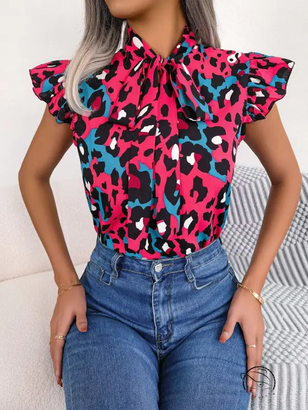 Vibrant casual leopard print blouse with pink, blue, black pattern, ruffled sleeves, tie-neck collar