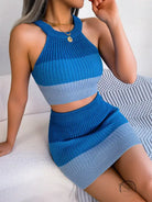 Blue gradient color cropped top and bag hip skirt set
