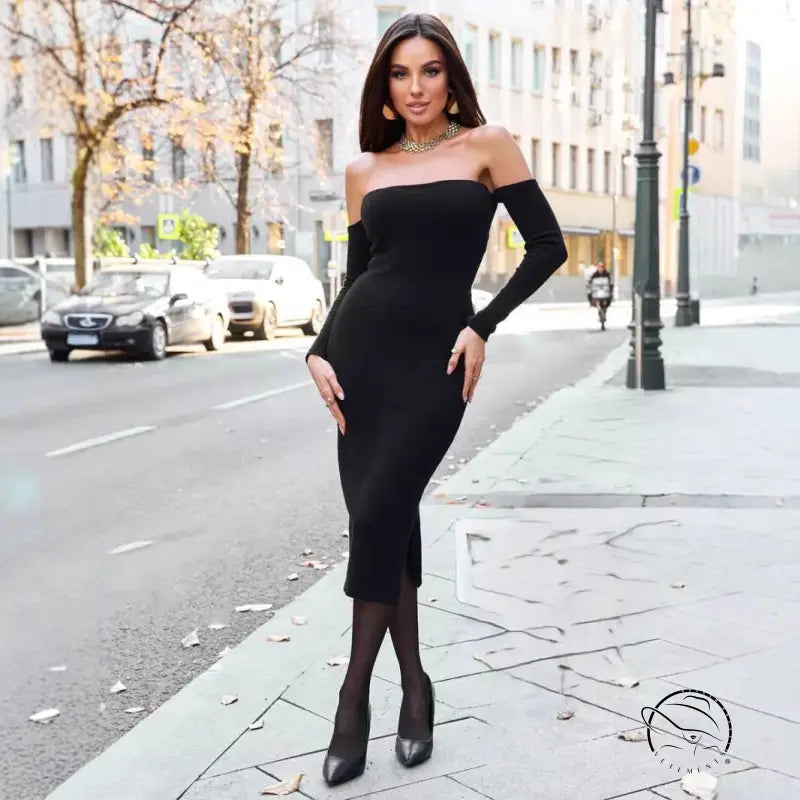 Elegant off-the-shoulder black langry fashion dress