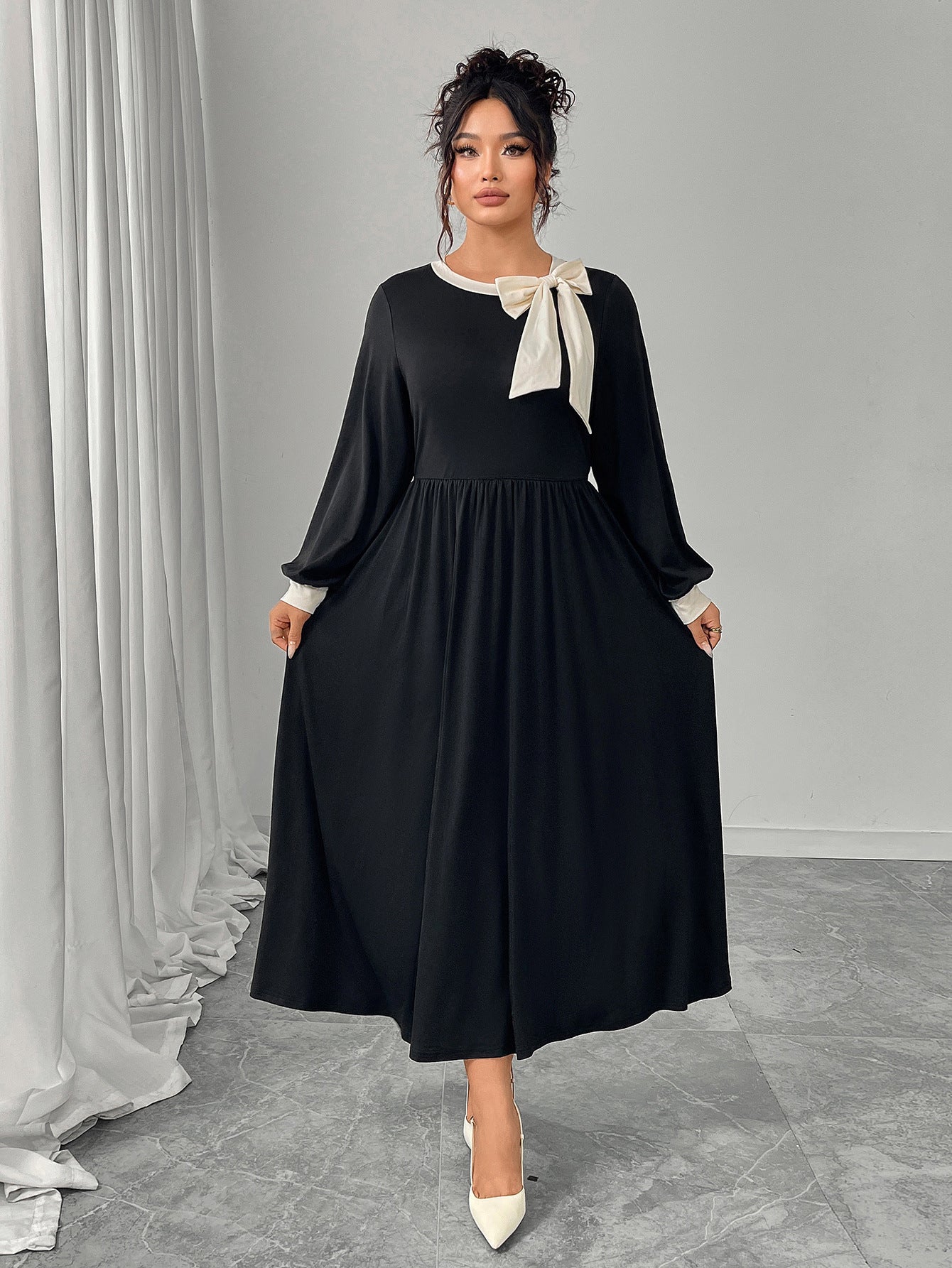 Winter retro slim black flared sleeve dress with bow neckline, Langry fashion ملابس